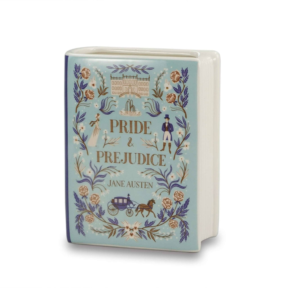 Vase en forme de livre Orgueil et Préjugés de Jane Austen, illustrations florales, 14 cm