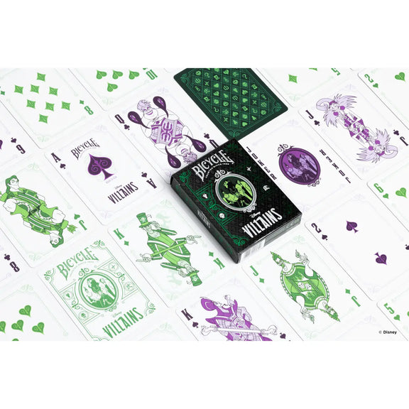 Jeu de cartes Bicycle Disney Villains, étui violet, vert et noir avec les méchants Disney