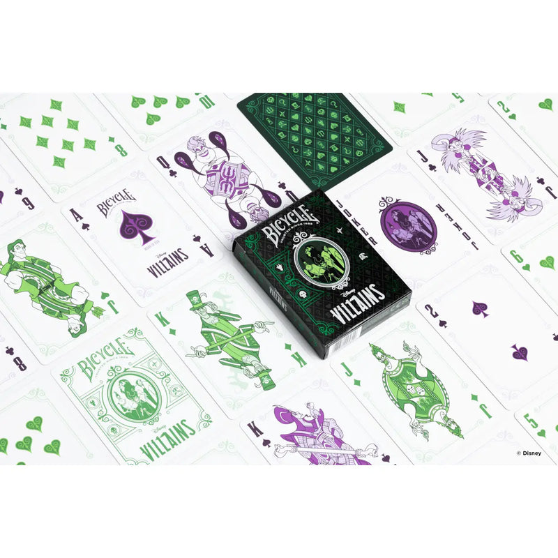 Jeu de cartes Bicycle Disney Villains, étui violet, vert et noir avec les méchants Disney