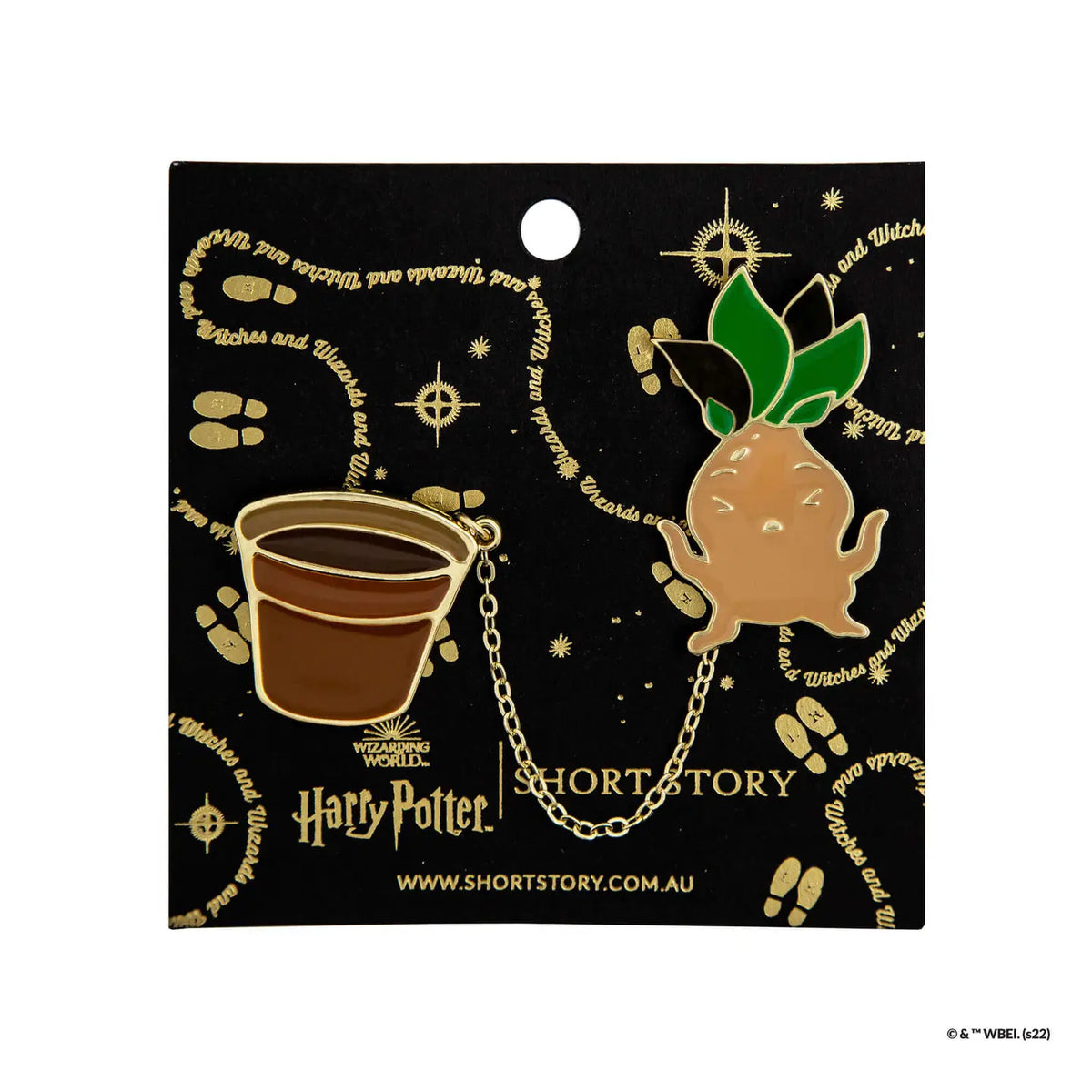 Duo de pin's Harry Potter Mandragore et pot reliés par une chaîne dorée
