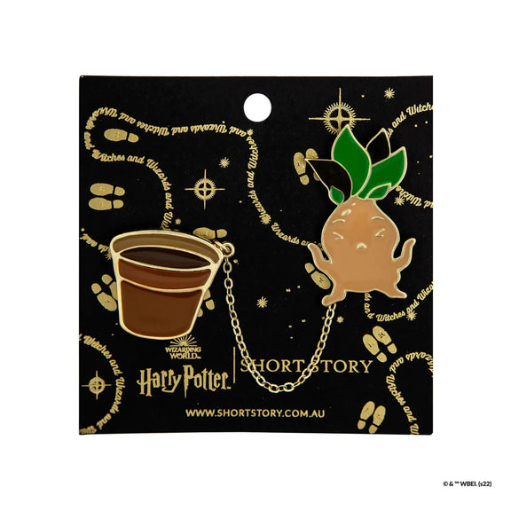 Duo de pin's Harry Potter Mandragore et pot reliés par une chaîne dorée