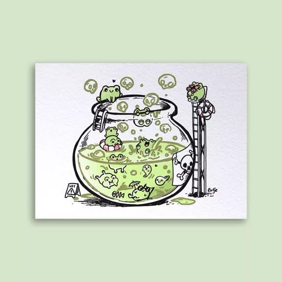 Carte postale illustrée de petites grenouilles se baignant dans une piscine