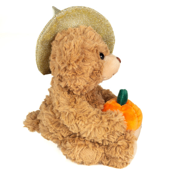 Peluche Teddy Hermann ours brun clair 20 cm avec chapeau de sorcière scintillant et citrouille