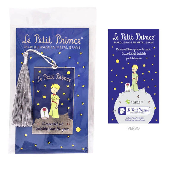 Marque-page en métal Le Petit Prince avec ciel étoilé, rose, citation et pompon gris