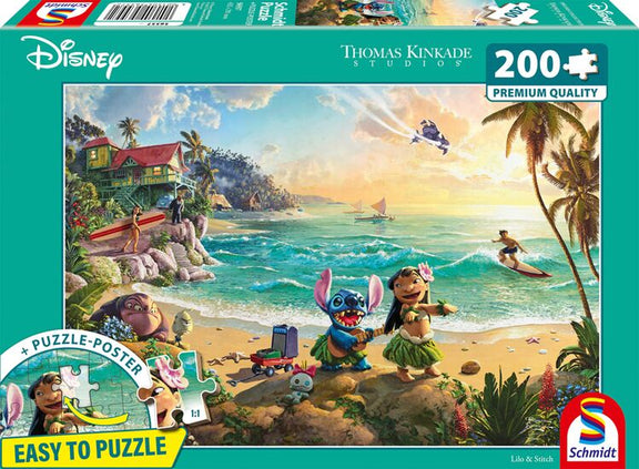 Puzzle Disney 200 pièces Thomas Kinkade, Lilo et Stitch sur une plage d'Hawaï avec palmiers et ukulélé