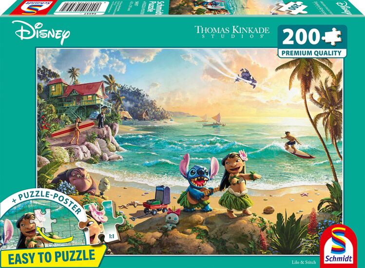 Puzzle Disney 200 pièces Thomas Kinkade, Lilo et Stitch sur une plage d'Hawaï avec palmiers et ukulélé