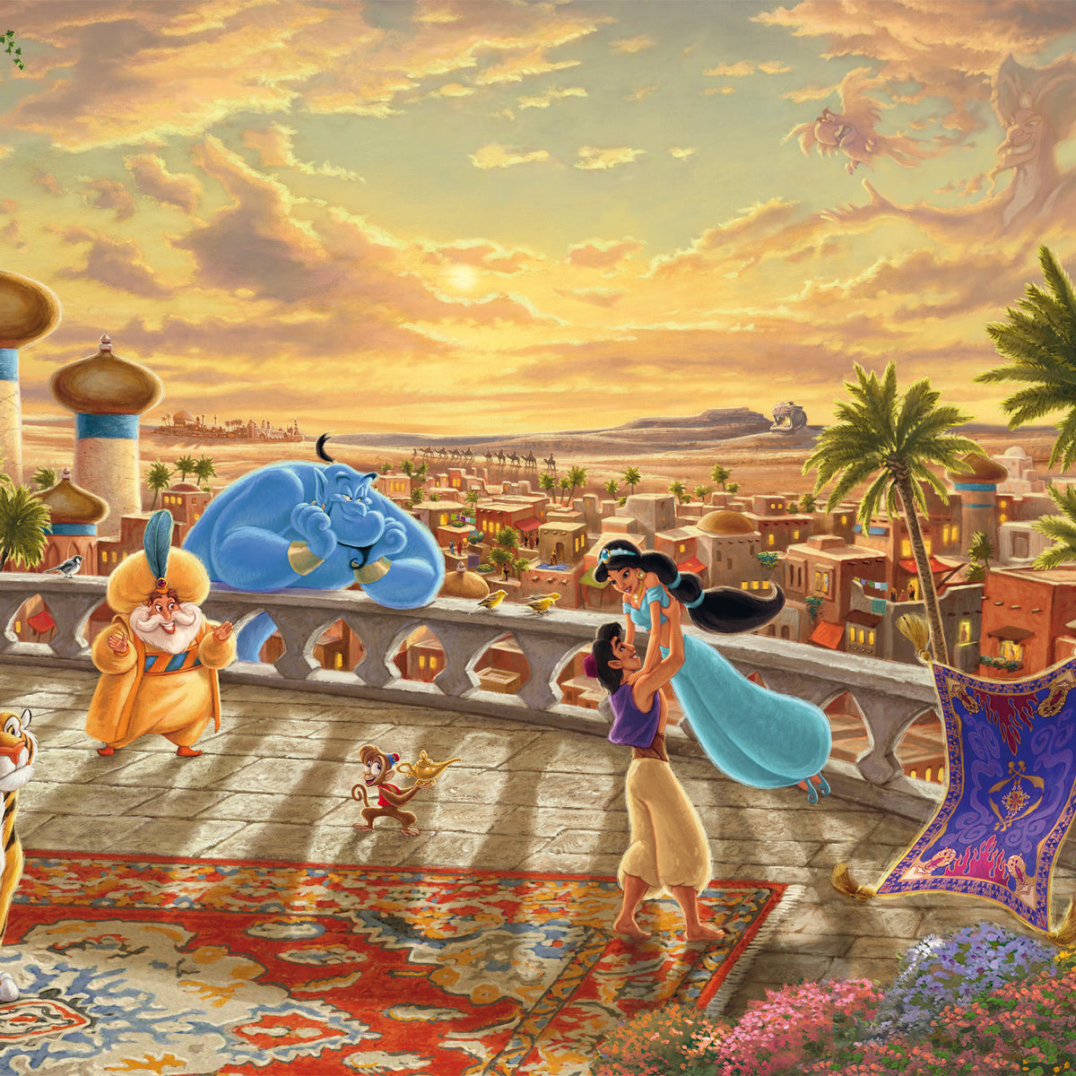 Puzzle Disney 1000 pièces Thomas Kinkade, Jasmine dansant sur la terrasse du palais d'Agrabah au couchant