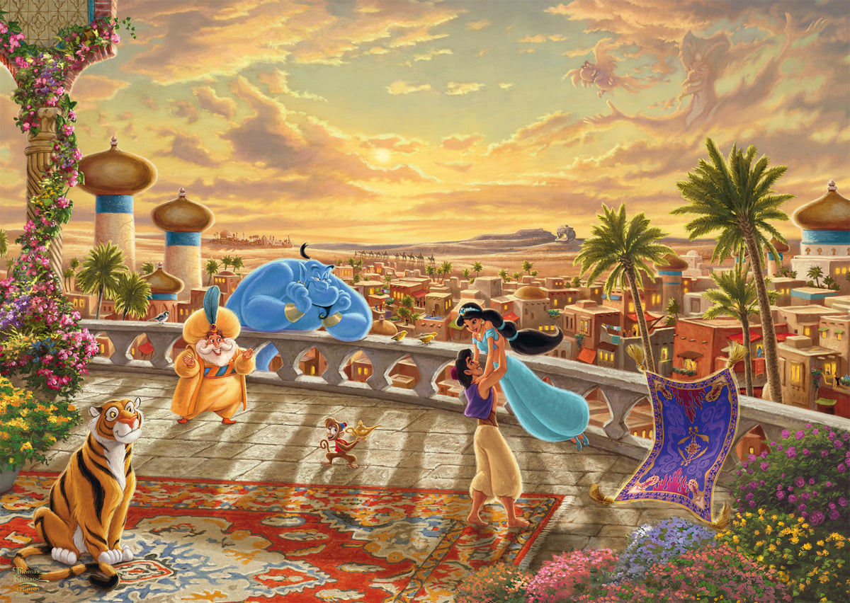 Puzzle Disney 1000 pièces Thomas Kinkade, Jasmine dansant sur la terrasse du palais d'Agrabah au couchant