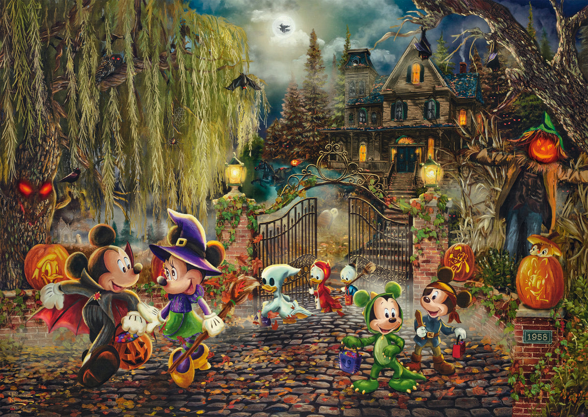 Puzzle Disney 1000 pièces Thomas Kinkade, Mickey et Minnie déguisés pour Halloween devant une maison hantée