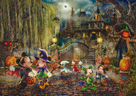 Puzzle Disney 1000 pièces Thomas Kinkade, Mickey et Minnie déguisés pour Halloween devant une maison hantée