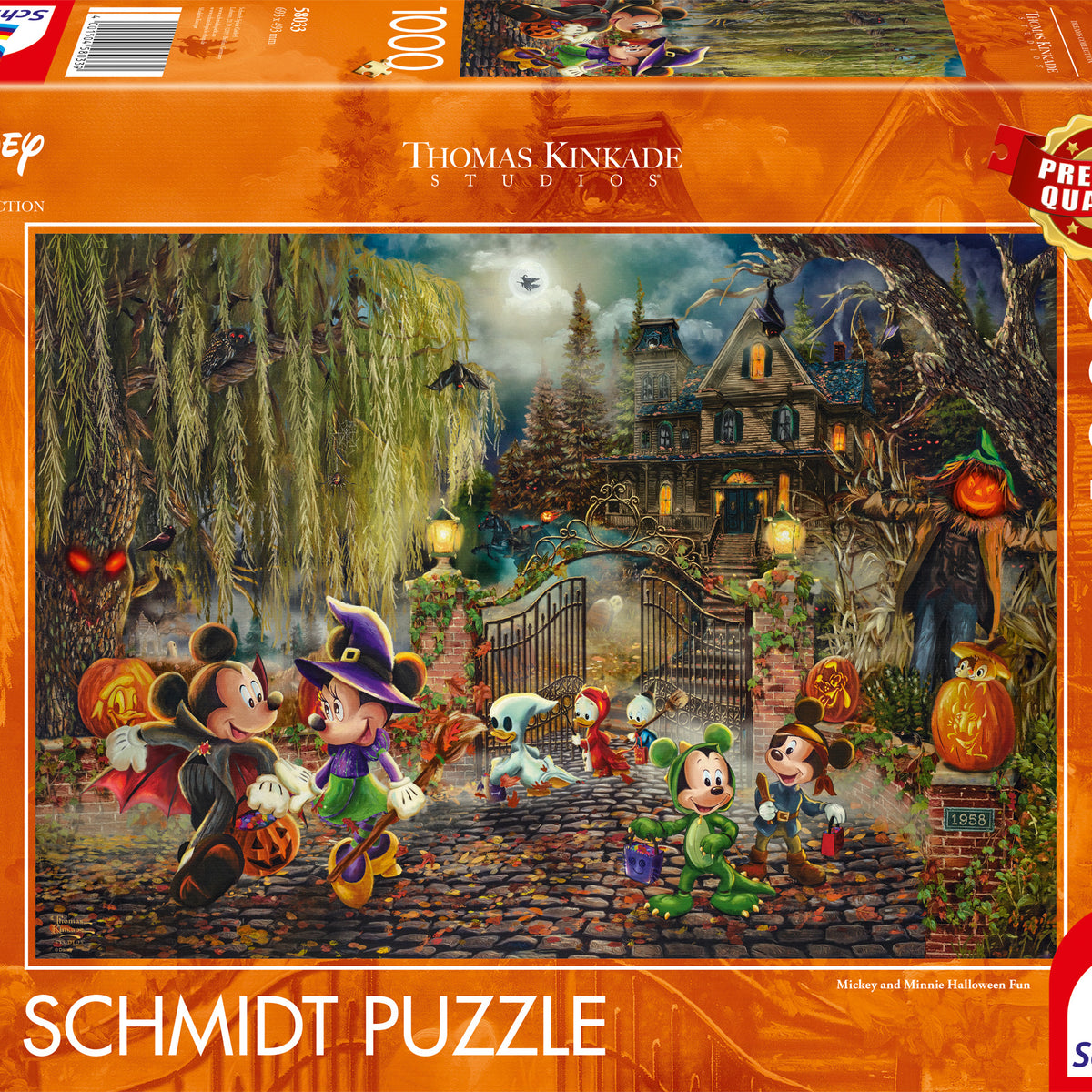 Puzzle Disney 1000 pièces Thomas Kinkade, Mickey et Minnie déguisés pour Halloween devant une maison hantée