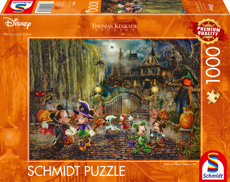 Puzzle Disney 1000 pièces Thomas Kinkade, Mickey et Minnie déguisés pour Halloween devant une maison hantée