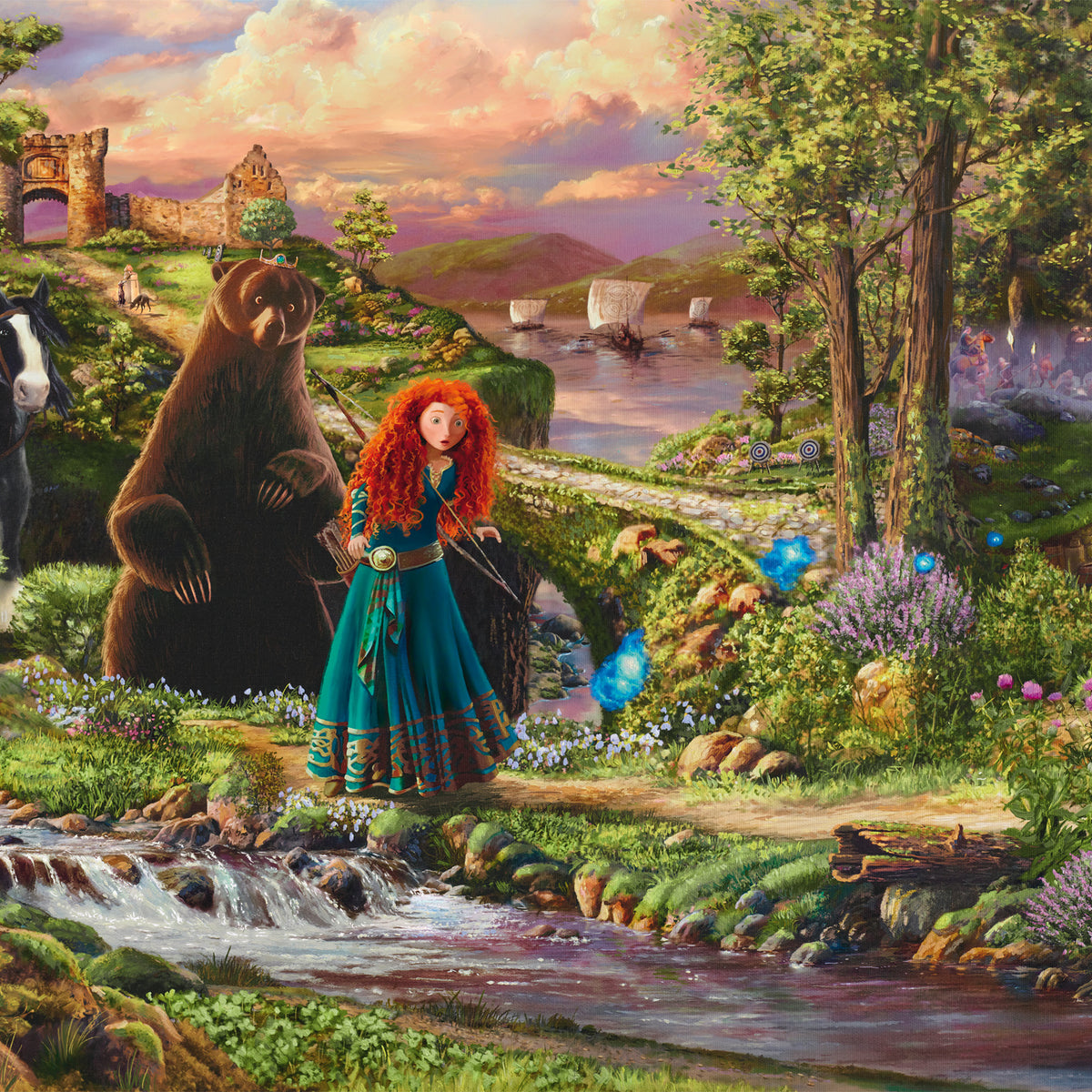Puzzle Disney 1000 pièces Thomas Kinkade, Mérida de Rebelle avec ses frères ours et les feux follets