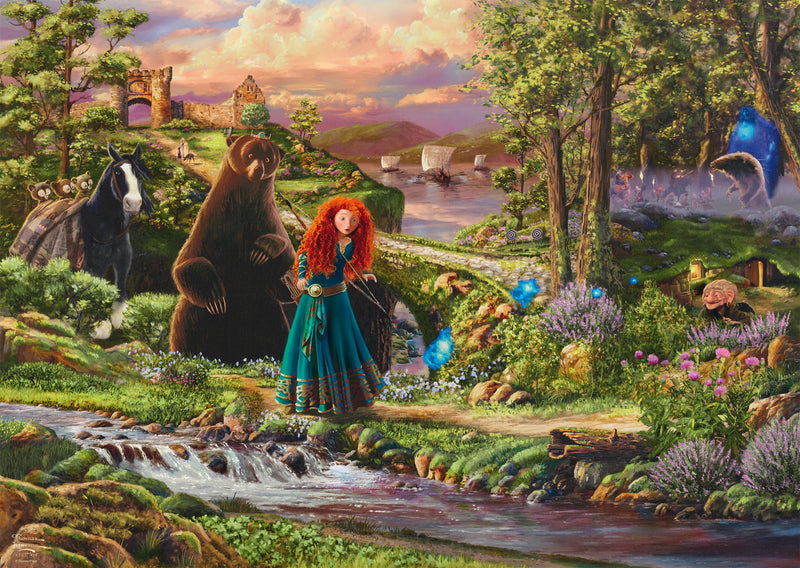 Puzzle Disney 1000 pièces Thomas Kinkade, Mérida de Rebelle avec ses frères ours et les feux follets