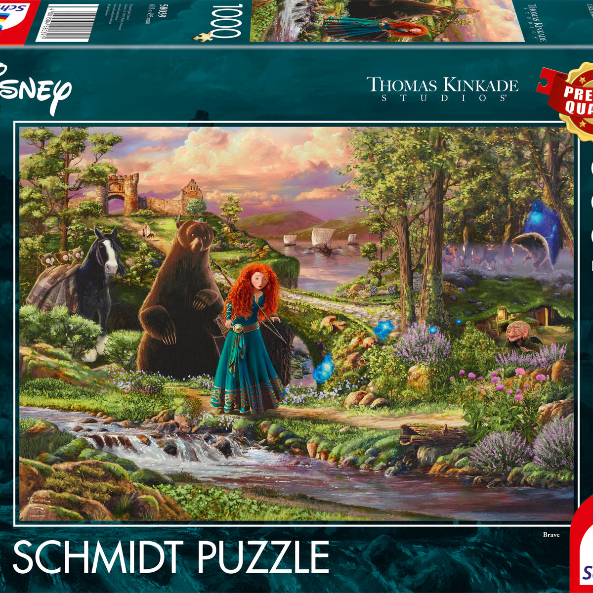 Puzzle Disney 1000 pièces Thomas Kinkade, Mérida de Rebelle avec ses frères ours et les feux follets