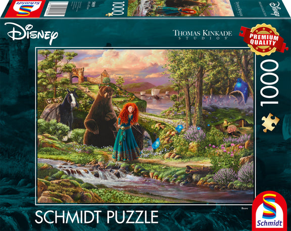 Puzzle Disney 1000 pièces Thomas Kinkade, Mérida de Rebelle avec ses frères ours et les feux follets