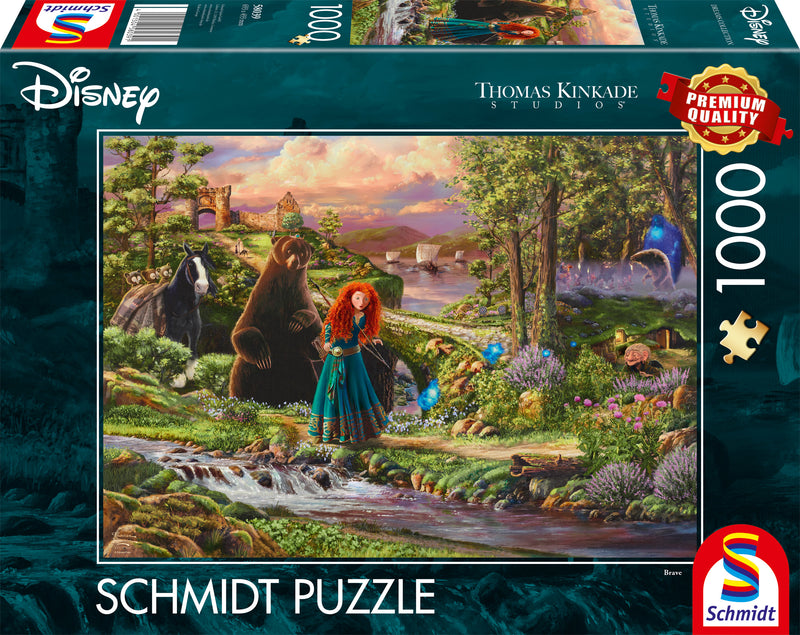 Puzzle Disney 1000 pièces Thomas Kinkade, Mérida de Rebelle avec ses frères ours et les feux follets