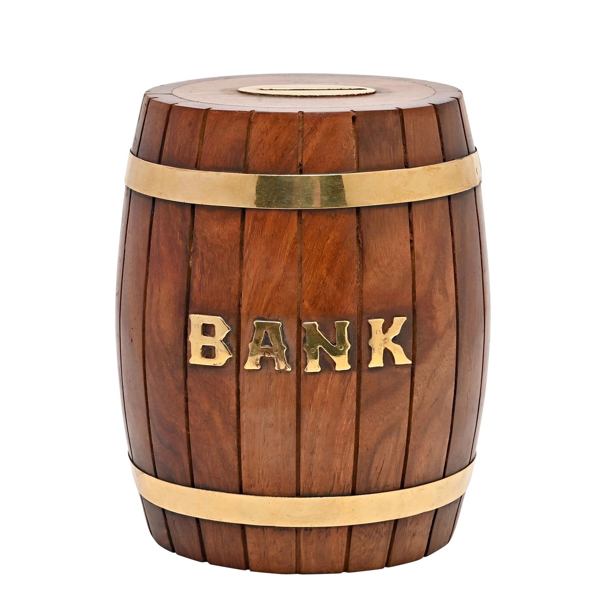 Tirelire tonneau vintage en bois massif avec inscription Banque en lettres dorées