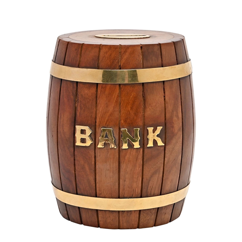 Tirelire tonneau vintage en bois massif avec inscription Banque en lettres dorées