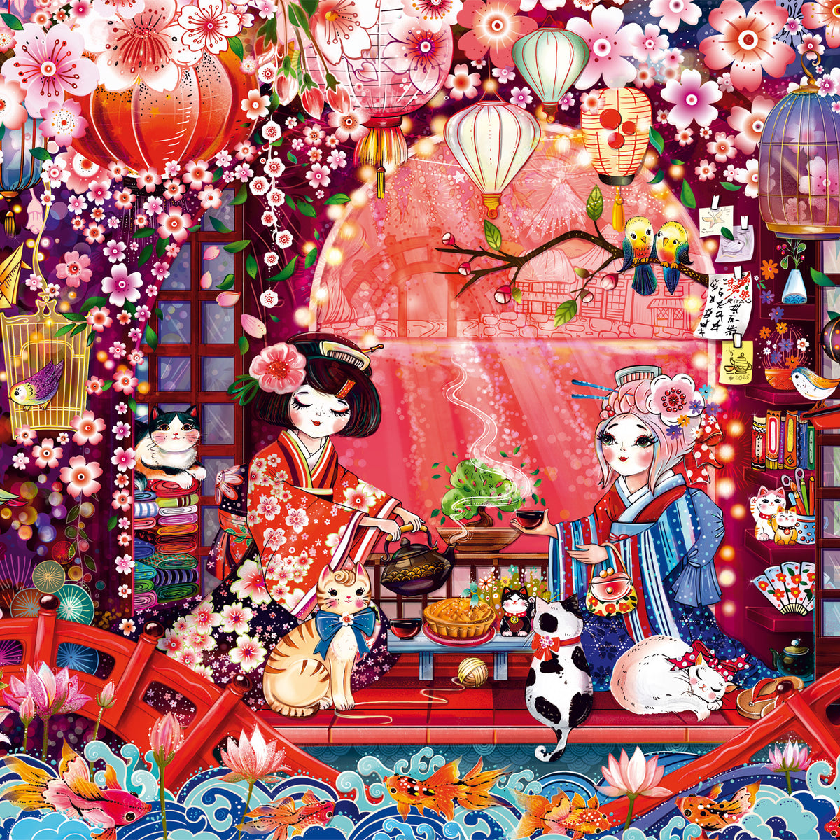 Puzzle Schmidt 500 pièces scène japonaise avec geishas en kimono, lanternes et chats facétieux
