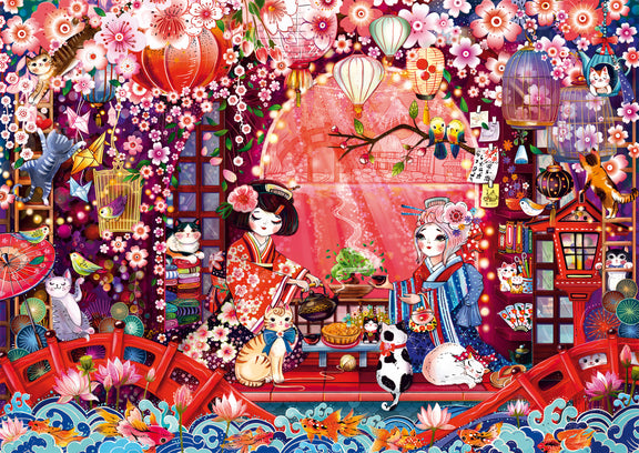 Puzzle Schmidt 500 pièces scène japonaise avec geishas en kimono, lanternes et chats facétieux