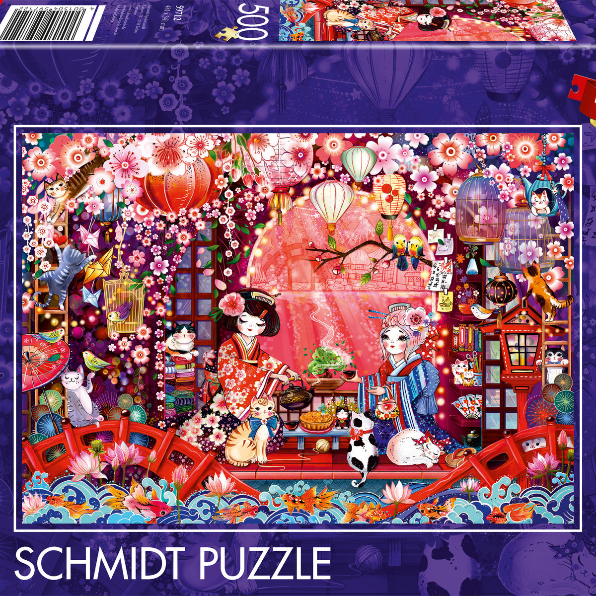 Puzzle Schmidt 500 pièces scène japonaise avec geishas en kimono, lanternes et chats facétieux