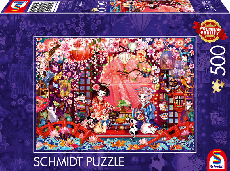 Puzzle Schmidt 500 pièces scène japonaise avec geishas en kimono, lanternes et chats facétieux
