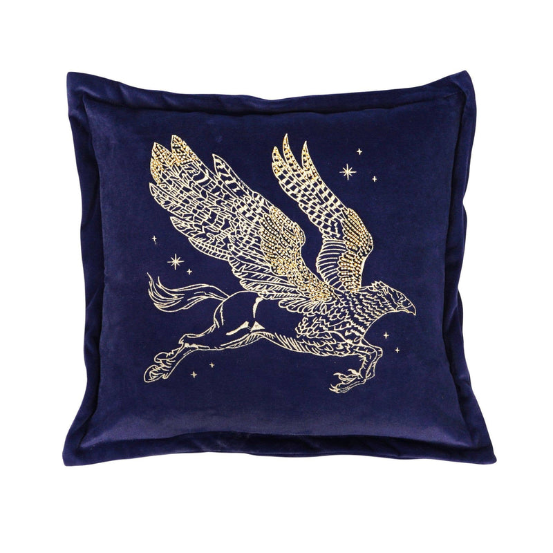 Coussin Harry Potter Buck l'hippogriffe brodé doré sur velours bleu profond, Widdop