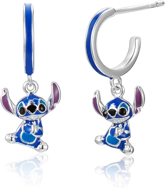 Boucles d'oreilles Disney Stitch en argent massif 925, demi-créoles laquées bleu brillant