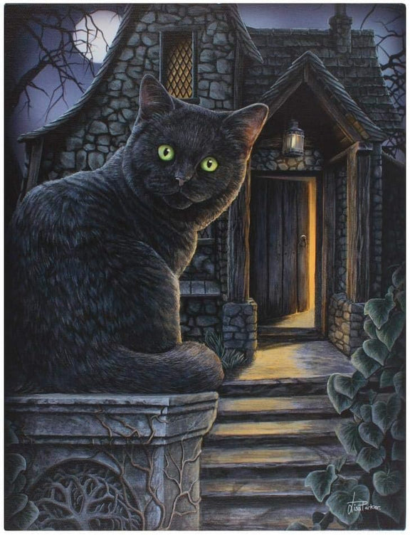 Tableau Lisa Parker chat noir mystérieux devant un manoir gothique éclairé par la lune