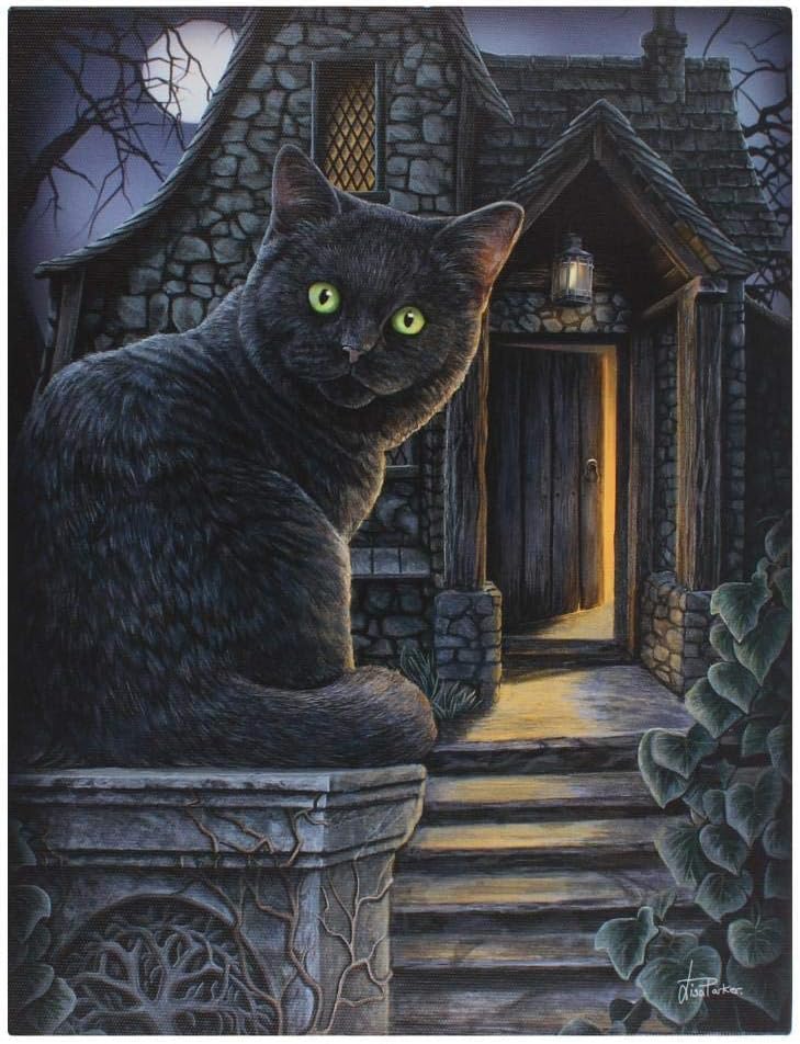 Tableau Lisa Parker chat noir mystérieux devant un manoir gothique éclairé par la lune