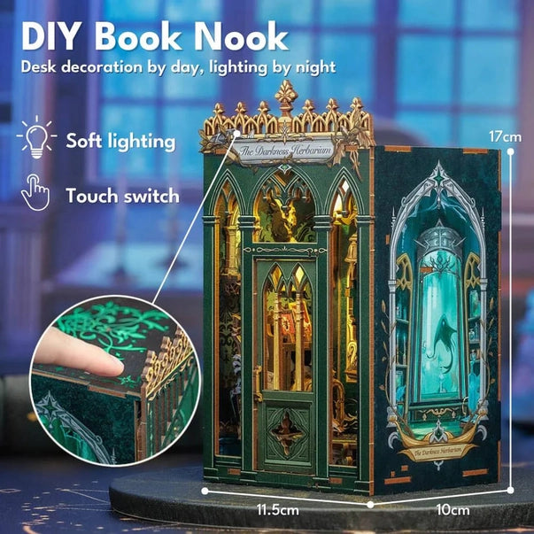 Book nook Herbier des Ténèbres, kit en bois 98 pièces avec LED, serre botanique vert émeraude