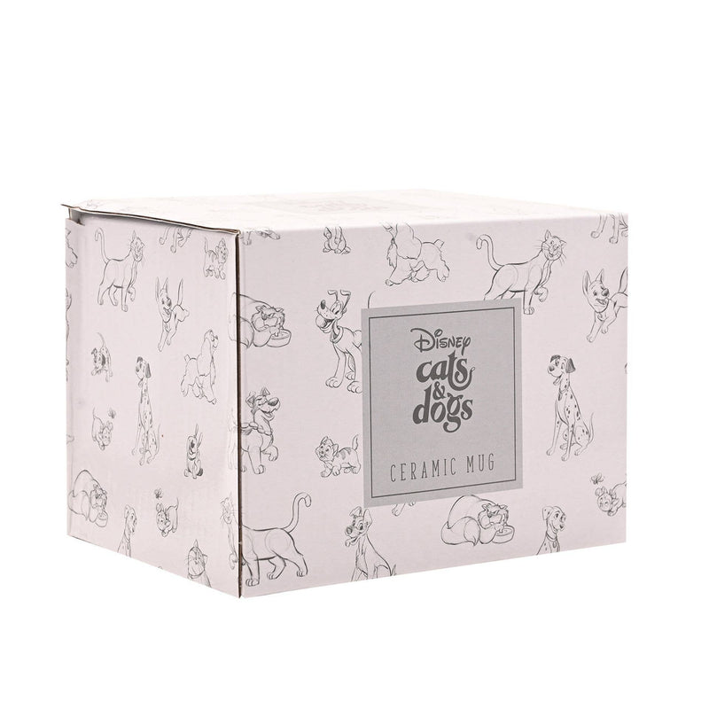Mug Disney Cats & Dogs en céramique blanche, chiens dessinés en noir et blanc et inscription WOOF