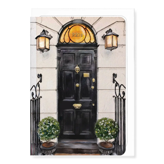 Carte illustrée de la porte noire du 221B Baker Street de Sherlock Holmes avec lanternes victoriennes