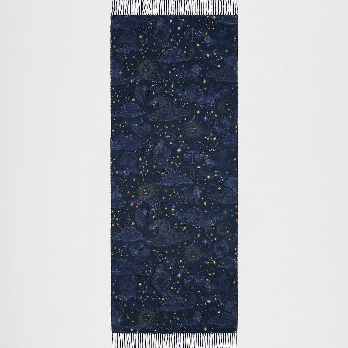 Écharpe longue à franges Zodiac Fable England, constellations et signes du zodiaque sur bleu marine