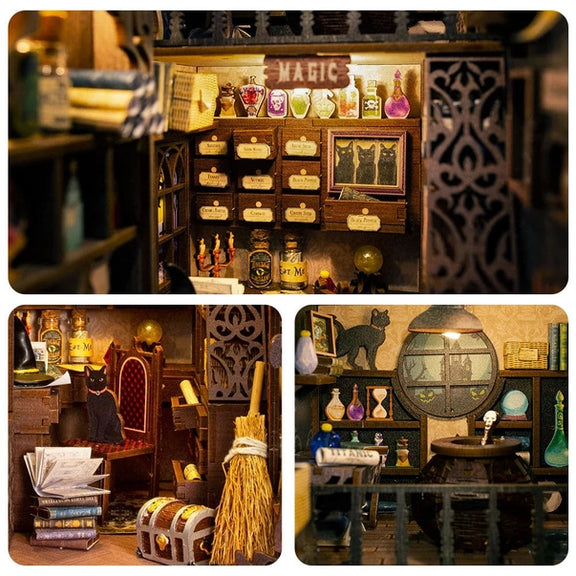 Book nook Pharmacie magique, kit en bois 282 pièces avec LED, boutique d'apothicaire miniature