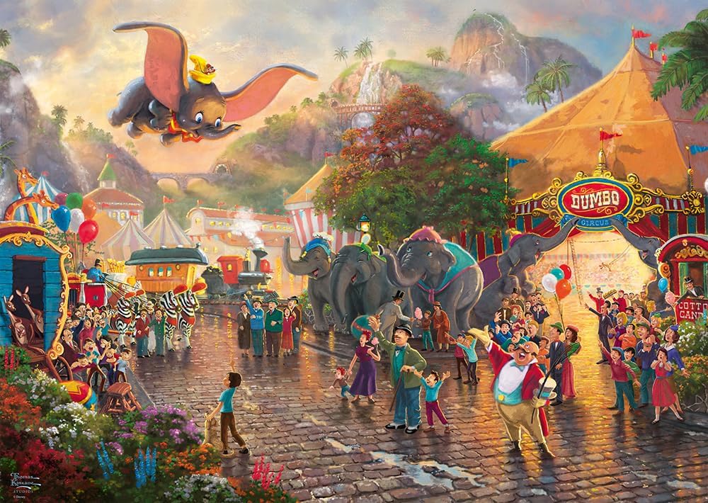 Puzzle Disney 1000 pièces Thomas Kinkade, Dumbo volant au-dessus de la foule sous les chapiteaux du cirque
