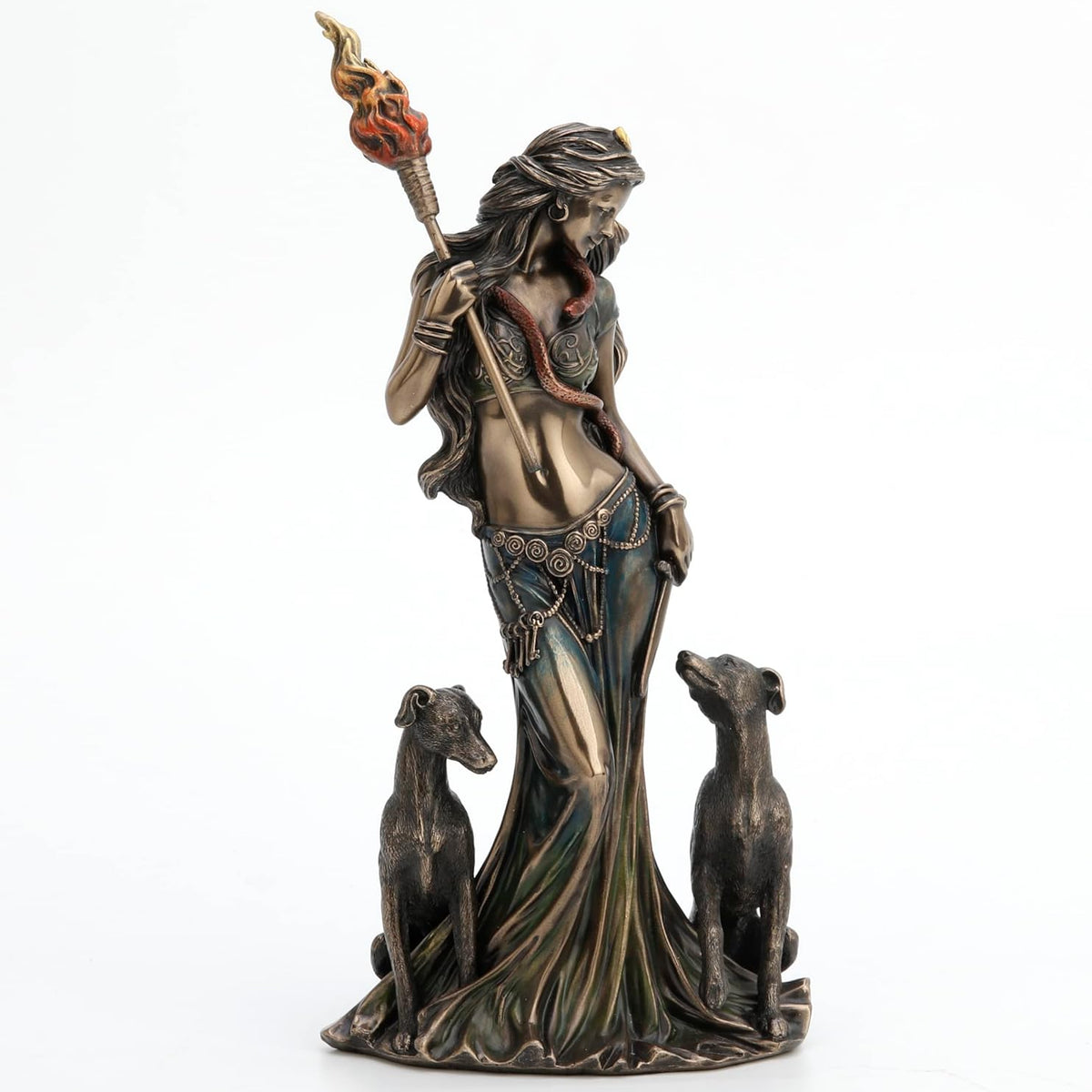 Figurine Hécate Veronese Design avec chiens et torche, polyrésine effet bronze coulé à froid