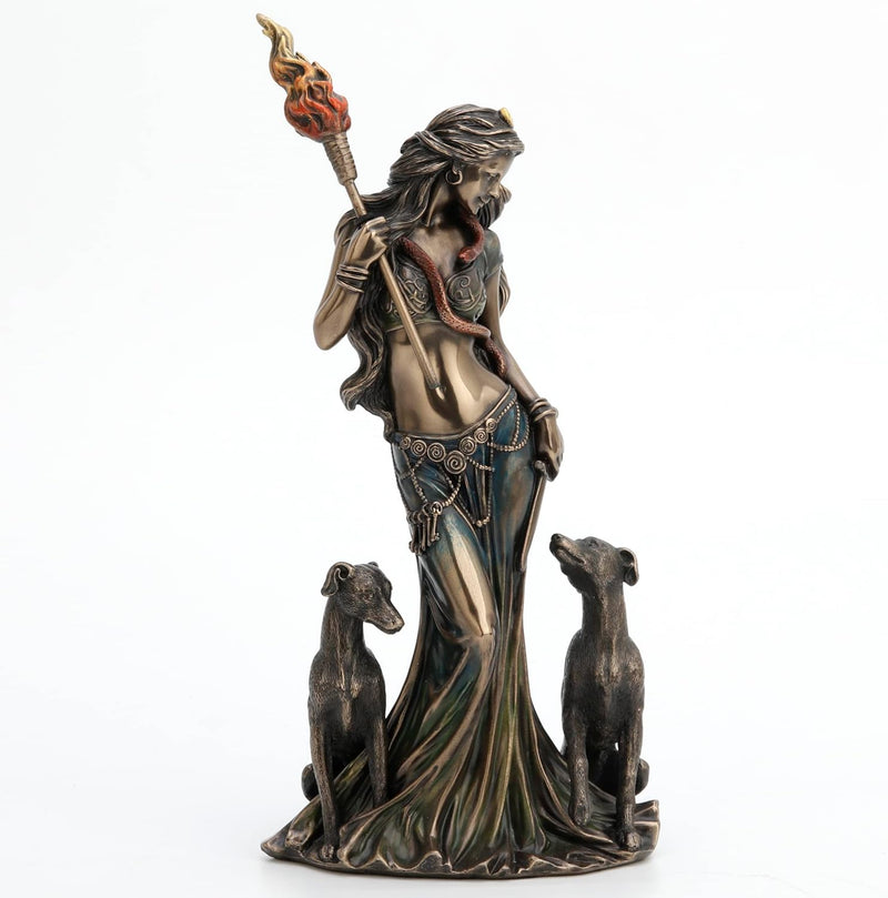 Figurine Hécate Veronese Design avec chiens et torche, polyrésine effet bronze coulé à froid