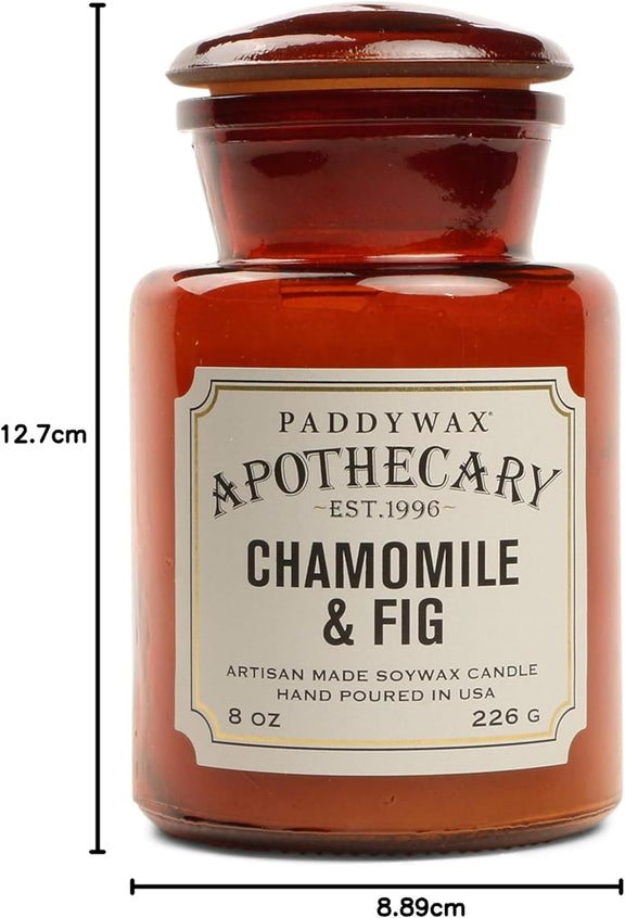 Bougie apothicaire Camomille & Figue en cire de soja dans un pot en verre ambré vintage 226 g