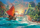 Puzzle Disney 1000 pièces Thomas Kinkade, Vaiana, Maui et Pua voguant sur l'océan turquoise vers Te Fiti