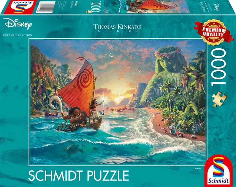 Puzzle Disney 1000 pièces Thomas Kinkade, Vaiana, Maui et Pua voguant sur l'océan turquoise vers Te Fiti