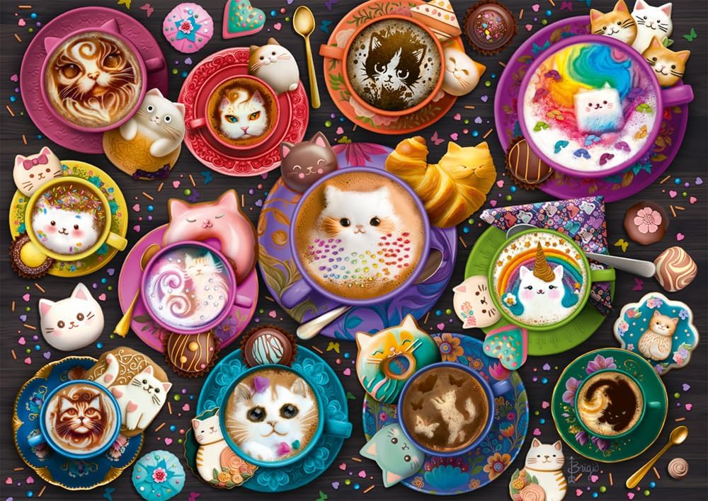 Puzzle Schmidt 500 pièces Chat-puccino avec tasses de café colorées et chats espiègles