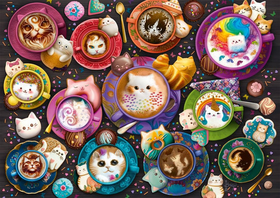 Puzzle Schmidt 500 pièces Chat-puccino avec tasses de café colorées et chats espiègles