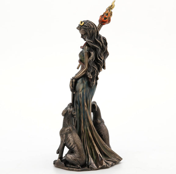 Figurine Hécate Veronese Design avec chiens et torche, polyrésine effet bronze coulé à froid