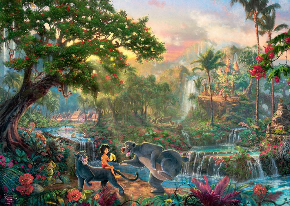 Puzzle Disney 1000 pièces Thomas Kinkade, Mowgli, Baloo et Bagheera dans une jungle luxuriante