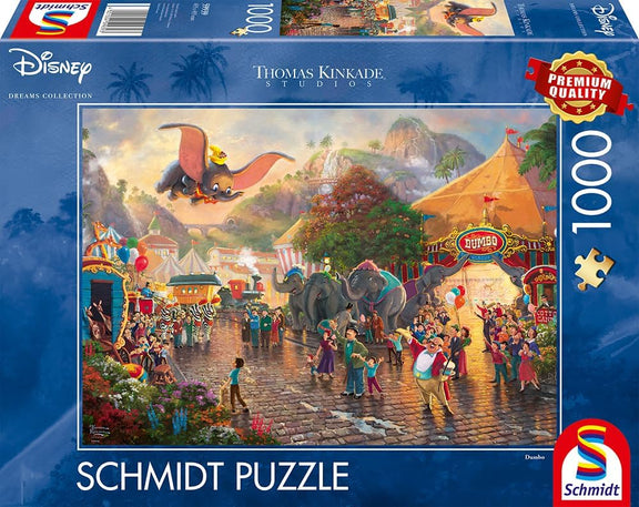 Puzzle Disney 1000 pièces Thomas Kinkade, Dumbo volant au-dessus de la foule sous les chapiteaux du cirque