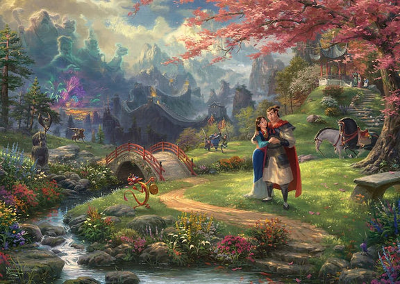 Puzzle Disney 1000 pièces Thomas Kinkade, Mulan et Li Shang dans un jardin fleuri sous les cerisiers