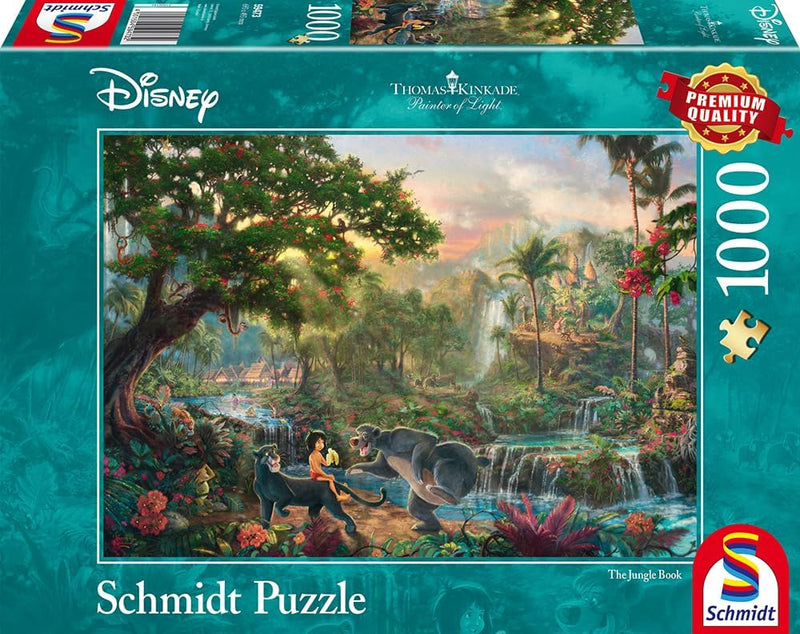 Puzzle Disney 1000 pièces Thomas Kinkade, Mowgli, Baloo et Bagheera dans une jungle luxuriante