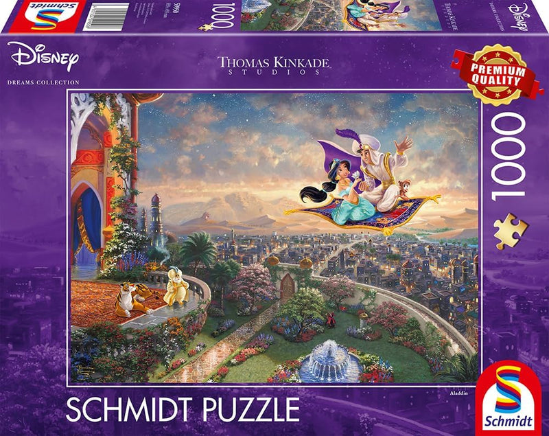 Puzzle Disney 1000 pièces Thomas Kinkade, Aladdin et Jasmine sur le tapis volant au-dessus d'Agrabah